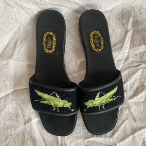 Larkspur needlepoint sandals, rare